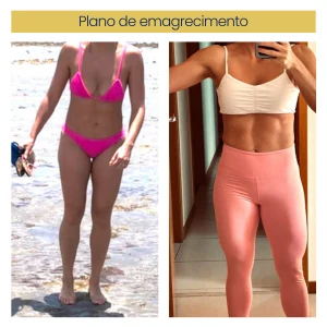 Paciente antes e depois do plano de emagrecimento: redução de medidas no abdômen e cintura